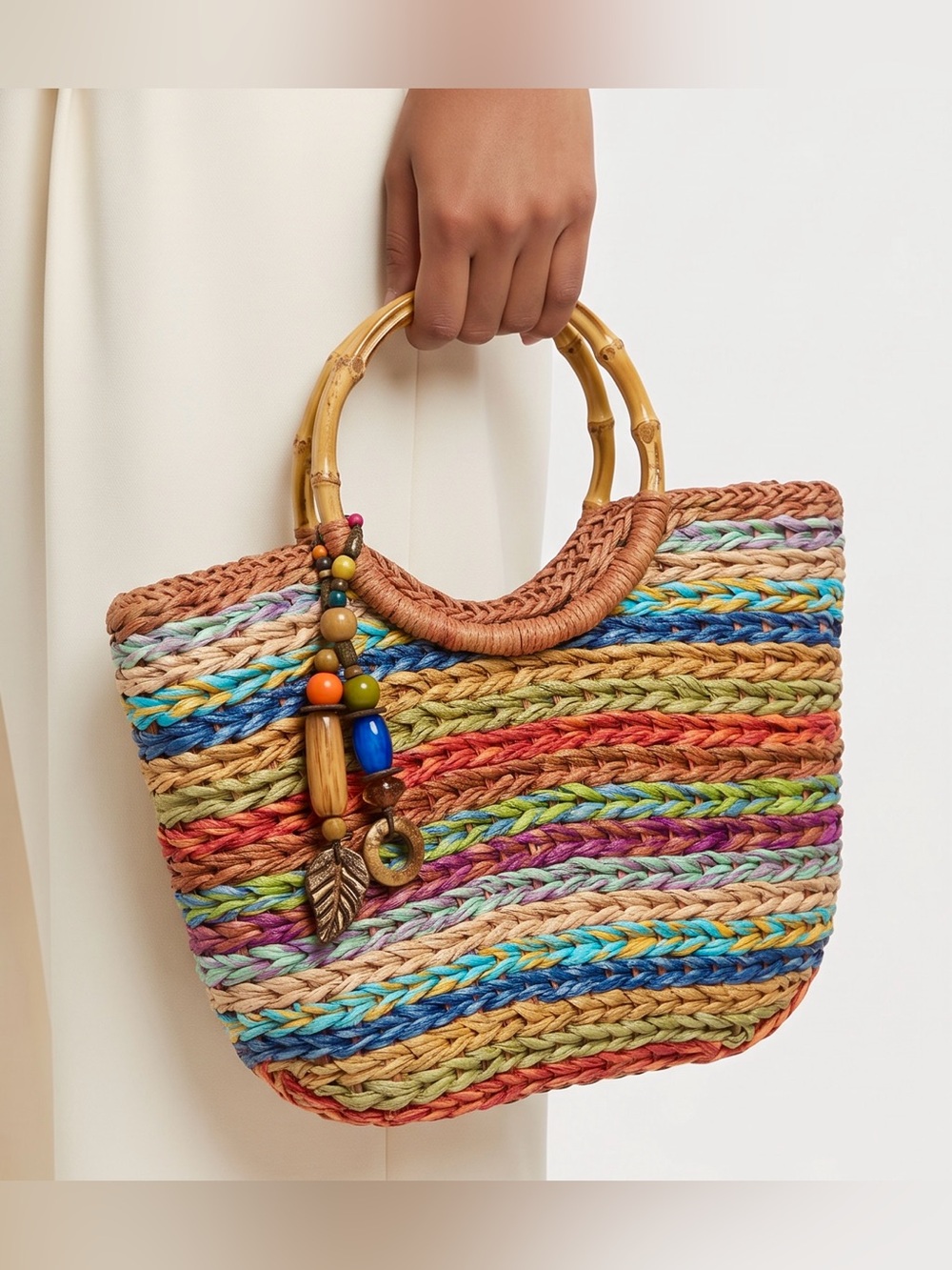 RARE Blue Miami Toyo Straw Multicolor Striped Beach Tote NWT